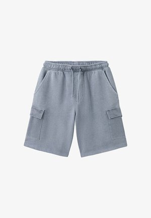 Shorts décontractés gris clair avec taille élastique, cordon, deux poches latérales et deux poches cargo à rabats.