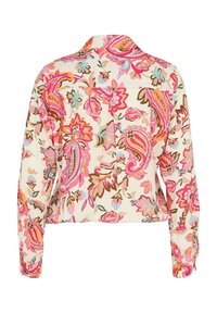 Floral blouse in cream fabric featuring colorful paisley and flower patterns. Long sleeves with buttoned cuffs, back yoke detail.