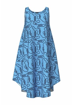 Un vestito azzurro chiaro senza maniche, con un motivo a nodo di corda nero; vestibilità ampia con orlo curvo e tessuto dalla texture liscia.