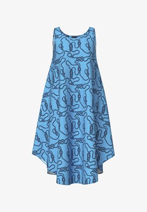 Een mouwloze, lichtblauwe jurk met een zwart touwknoopmotief; losse pasvorm met een afgeronde zoom en een gladde stoftextuur.