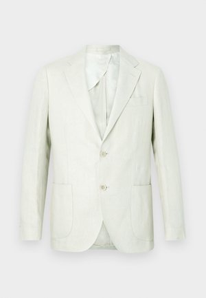 Light beige linen blazer with two front buttons, notch lapels, patch pockets, and a chest pocket, displayed on a plain background.