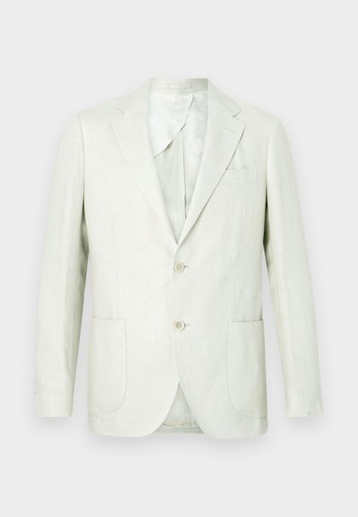 Blazer en lin beige clair avec deux boutons devant, revers crantés, poches plaquées et une poche poitrine, présenté sur un fond uni.