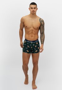 Gröna kalsonger med mönster av pepparkaksgubbar och polkagrisar, mjukt tyg, elastisk midjeband med etikett "GLADA KALSNOGAR".