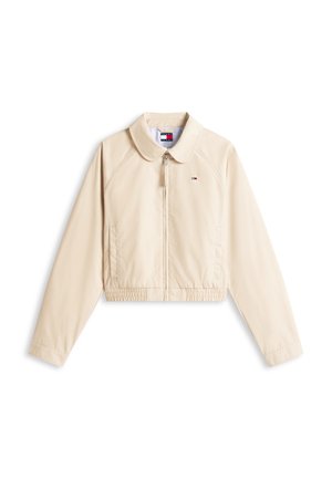 Ελαφρώς μπεζ, μακρυμάνικο, μπουφάν με φερμουάρ, ελαστική μέση, μυτερό γιακά, πλαϊνές τσέπες και μικρό λογότυπο Tommy Hilfiger στο στήθος.
