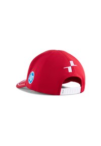 Rode pet van stof met een ronde vorm, voorzien van een blauw HP-logo en witte accenten. Verstelbare band aan de achterkant.