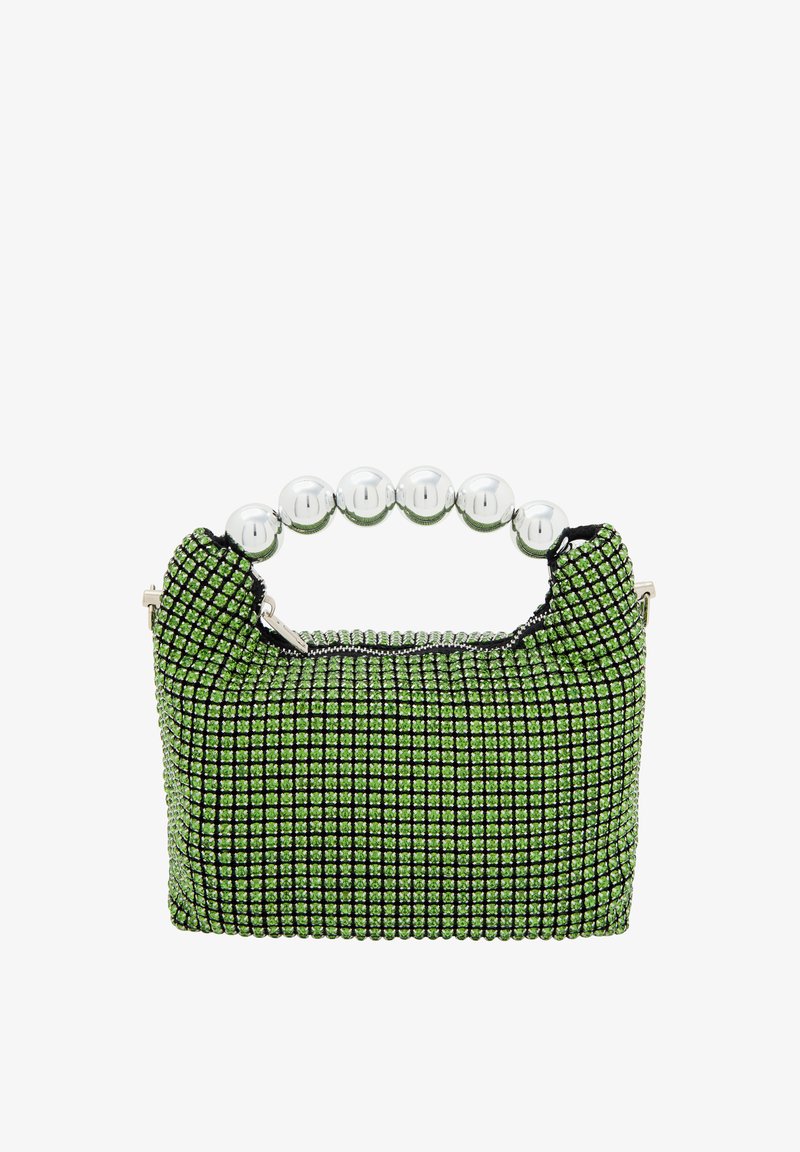 Zöld és fekete mintázatú kézitáska, textúrált felülettel, kerek fém fogantyúval, amely ezüst golyókból áll. Cipzáras záródás.