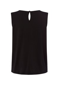 Zwarte mouwloze top met een ronde halslijn en sleutelgatdetail aan de achterkant. Gemaakt van zachte stof met een gladde textuur. Gladde zoom aan de onderkant.