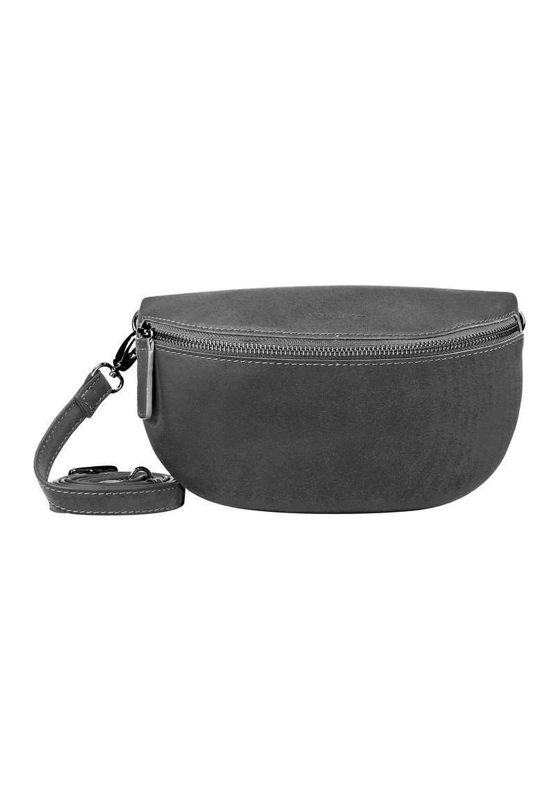 Borsa a tracolla in suede grigio con forma arrotondata, chiusura con zip e tracolla rimovibile. Presenta cuciture a contrasto e branding impresso.