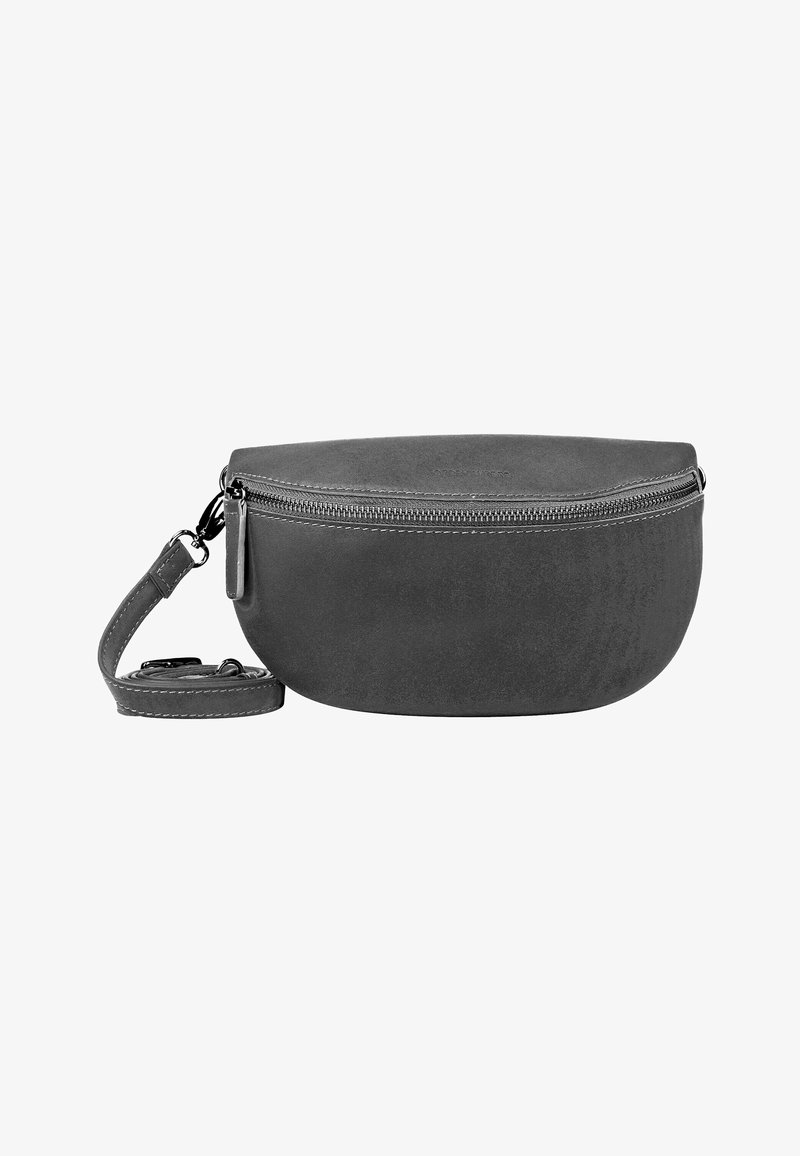 Borsa a tracolla in suede grigio con forma arrotondata, chiusura con zip e tracolla rimovibile. Presenta cuciture a contrasto e branding impresso.