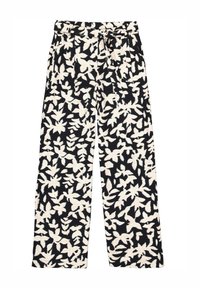 Zwart-witte gestreepte broek met een losse snit, elastische tailleband en striksluiting. Heeft een bladontwerp op zachte stof.