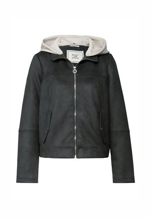Veste zippée gris foncé avec une capuche attachée gris clair et deux poches avant à rabat, l'étiquette à l'intérieur indique "Enjoy The Simple."
