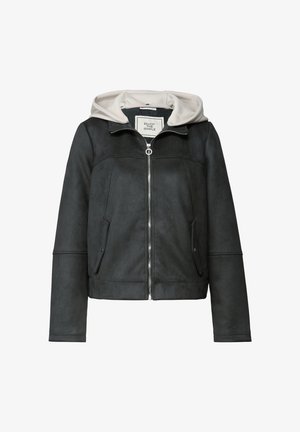Dunkelgraue Zip-Jacke mit leicht grauem, angenähtem Kapuzen und zwei vorderen Klappentaschen. Das Etikett innen trägt die Aufschrift "Enjoy The Simple."