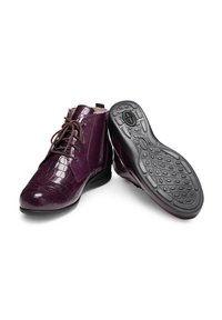 Purple crocodile-textured ankle boots with brown laces, featuring a synthetic upper, padded collar, and black rubber sole with traction patterns.