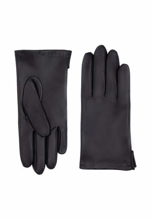 Gants en cuir noir avec une finition lisse, comportant cinq doigts et une coupe ajustée, mettant en avant des coutures minimales et une apparence élégante.