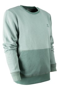 Felpa verde con scollo rotondo, maniche lunghe e tasca a marsupio. Il materiale è morbido, con un design bicolore distintivo.