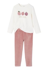 Cotton children's pajama set featuring a white long-sleeve top with fruit graphics and pink velour bottoms. Soft texture, casual design.