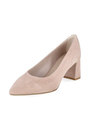 Beżowe zamszowe szpilki na niskim, blokowym obcasie, z wąskim noskiem i skórzaną wyściółką wewnętrzną.