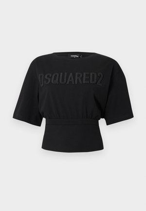 Tricou scurt negru cu mâneci largi și logo-ul texturat "DSQUARED2" pe piept, detaliu la talie elastic.