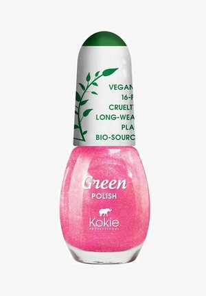 Vaaleanpunainen kynsilakka pyöreässä lasipullossa, jossa on vihreä korkki. Etiketti sisältää valkoista tekstiä, lehtimuotoilun ja merkin "Kokie Professional."