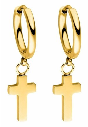 Złote kolczyki koła z gładką, polerowaną powierzchnią, z każdą zawieszoną małą krzyżykową zawieszką.