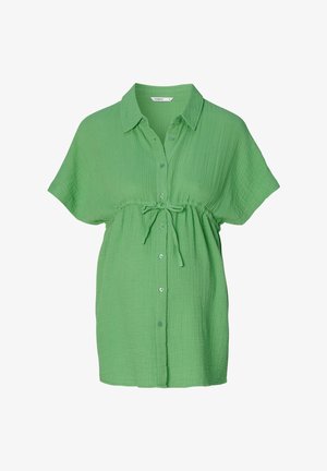 Groene korte mouwen shirt in textiel met een knoopsluiting aan de voorkant en een trekkoord in de taille. Bevat een kraag en twee verborgen zakken.