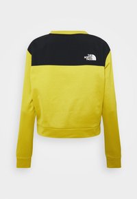Veste jaune et noire à manches longues avec un motif texturé et le logo The North Face sur le haut du dos côté droit.