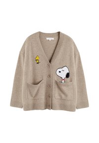 Cardigan lavorato a maglia beige con scollo a v, grandi tasche frontali, presenta ricami di Snoopy e Woodstock in nero, bianco e giallo.
