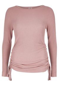 Langärmliges, geripptes Oberteil in zartem Pink mit seitlicher Raffung und Bändern am Saum für eine verstellbare Passform. Glatte Textur mit rundem Ausschnitt.