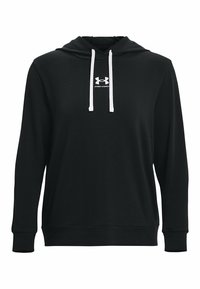 Sudadera negra de tejido suave, con capucha con cordón, mangas largas y un logo blanco centrado en el pecho.