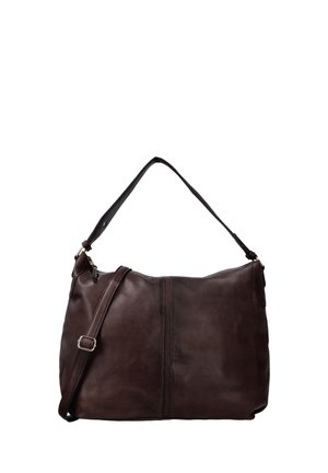 Bolso de hombro de cuero marrón oscuro con correa ajustable y cierre de cremallera, textura lisa con costura sutil en el centro.