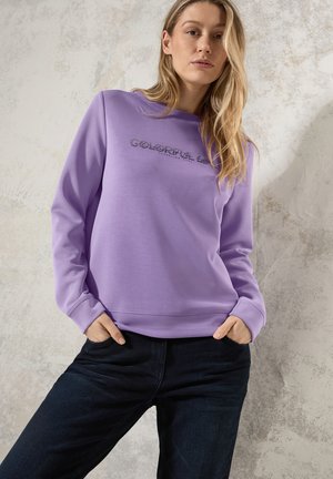 Lavendel sweatshirt met een ronde hals en lange mouwen. Voorzien van een "COLORFUL" grafiek in donkerder tekst. Gekombineerd met donkerblauwe jeans.