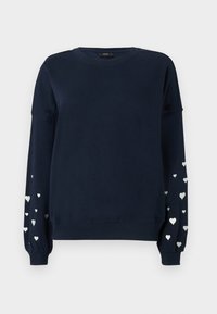 Mørkeblå sweatshirt med lange ermer som har spredte sølvhjerter på ermene, ribbestrikkede mansjetter og rund hals.