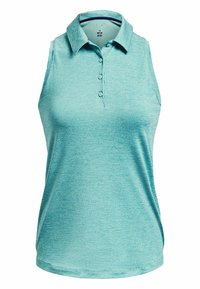 Pánský bezrukávový polokošile v světle tyrkysové barvě, vyrobený z měkké texturované látky. Má límeček a zapínání na tři knoflíky. Rovný lem.
