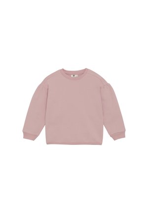 Rosa Pullover-Sweatshirt aus weichem Material, mit langen Ärmeln, gerippten Bündchen und einem runden Ausschnitt mit einem kleinen Etikett auf der Rückseite.