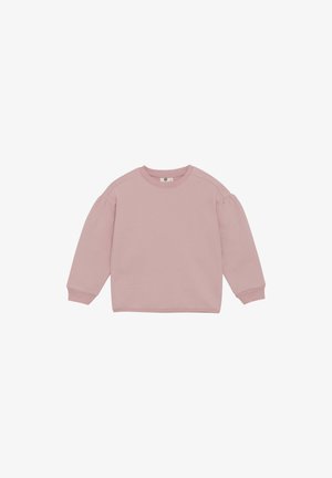 Rosa Pullover-Sweatshirt aus weichem Material, mit langen Ärmeln, gerippten Bündchen und einem runden Ausschnitt mit einem kleinen Etikett auf der Rückseite.