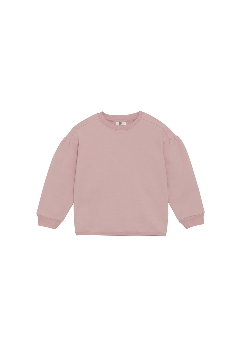 Rosa sweatshirt i mjukt material, med långa ärmar, ribbade muddar och en rund halsringning med en liten etikett på baksidan.