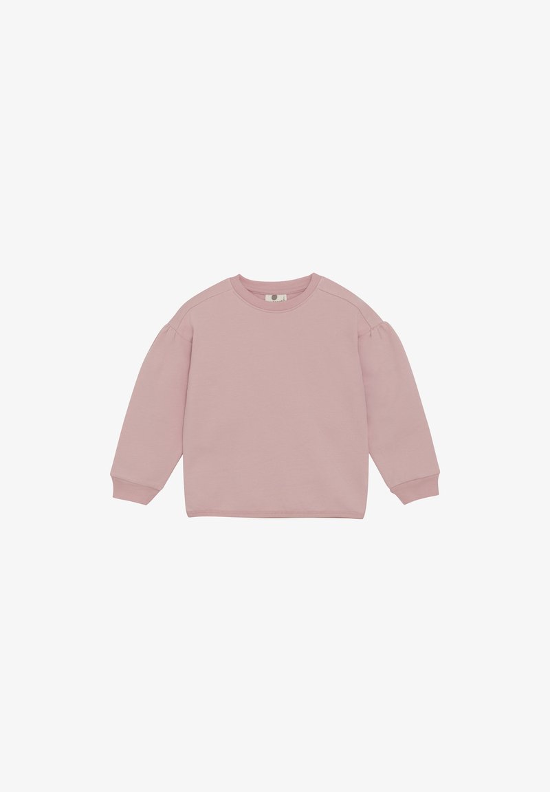 Rosa sweatshirt i mjukt material, med långa ärmar, ribbade muddar och en rund halsringning med en liten etikett på baksidan.