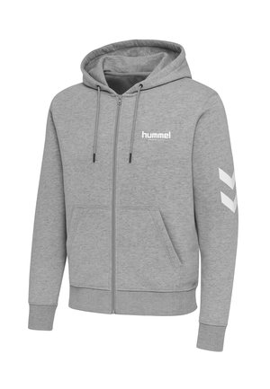 Szara bluza z kapturem zapinana na zamek, wykonana z mieszanki bawełny, z kapturem, przednimi kieszeniami i białymi akcentami w zygzak na rękawach. Logo marki na piersi.