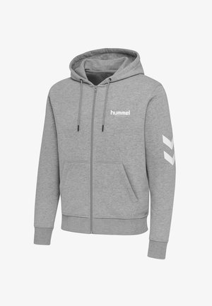 Szara bluza z kapturem zapinana na zamek, wykonana z mieszanki bawełny, z kapturem, przednimi kieszeniami i białymi akcentami w zygzak na rękawach. Logo marki na piersi.