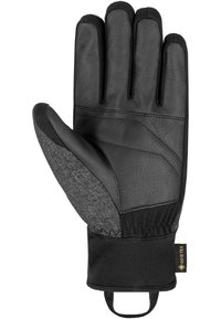 Black leather glove with gray fabric accents, textured palm, and elastic wrist cuff. Includes GORE-TEX label and hook for easy hanging.