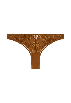 String en dentelle marron avec broderie florale, présentant un panneau transparent et un dos uni. Couture détaillée autour de la taille et des ouvertures des jambes.