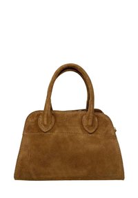 Borsa a mano in suede marrone con manici arrotondati, forma rettangolare e cuciture decorative lungo i bordi. Texture liscia, senza hardware visibile.