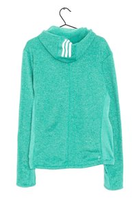 Långärmad hoodie i ljusgrön heatherad tyg. Har vita accentränder på baksidan av huvan och en avslappnad passform.