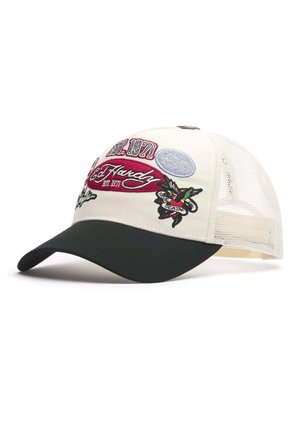 Weißer und schwarzer Baseballcap mit Mesh-Rückseite, rotem „Ed Hardy Est. 1971“ Logo-Patch und farbenfroher Vogel-Tattoo-Stickerei vorne.