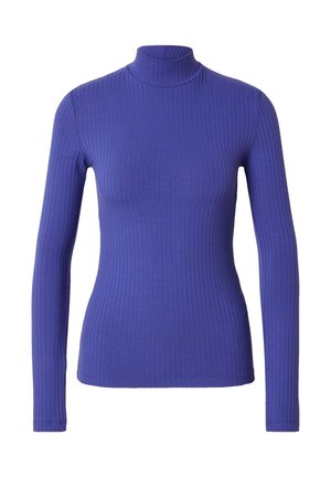 Langslippige coltrui van ribbelige paarse stof, met een getailleerd ontwerp en een hoge nek voor extra warmte en stijl.