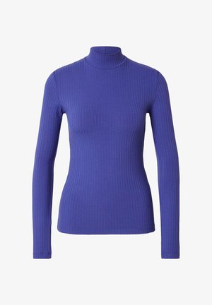 Langslippige coltrui van ribbelige paarse stof, met een getailleerd ontwerp en een hoge nek voor extra warmte en stijl.