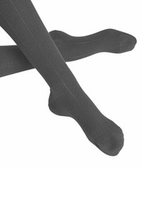 Knielange, dunkelgraue Socken mit einem strukturierten Muster und geripptem Design. Verfügt über verstärkte Zehen- und Fersenbereiche für Langlebigkeit.