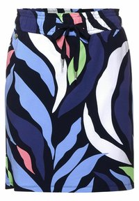 Mörkblå kjol med lövmönster i nyanser av blått, grönt, rosa och vitt. Har elastisk midja med dragsko.