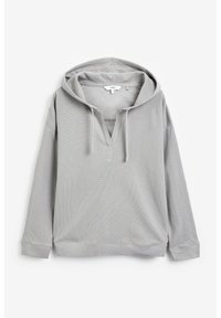 Šedá mikina s kapucí z texturované látky, s velkou kapucí, výstřihem do V a dlouhými rukávy s žebrovanými manžetami a lemem.