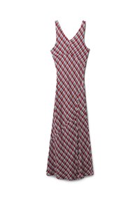 Rot-weiß karierter Kleid mit einer taillierten Oberteil und ausgestellt Rock; aus weichem Stoff gefertigt, mit dünnen Schulterträgern und einem V-Ausschnitt.